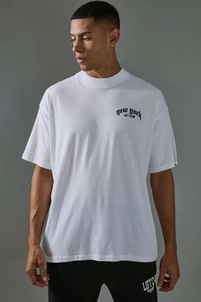 Cheap boohooMAN Man Active New York Lift Club Oversized Extended Neck T-Shirt white