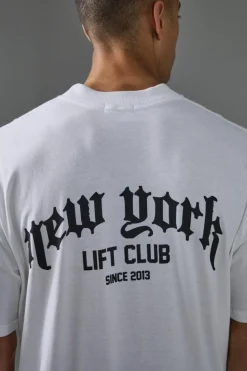 Cheap boohooMAN Man Active New York Lift Club Oversized Extended Neck T-Shirt white