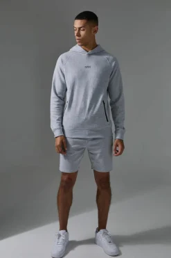 Online boohooMAN Man Active Pro Fleece Reg Fit Hoodie & Short Tracksuit grey