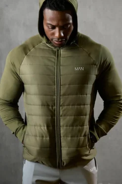 Hot boohooMAN Man Active Quilted Zip Through Hoodie khaki