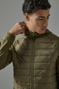 Hot boohooMAN Man Active Quilted Zip Through Hoodie khaki