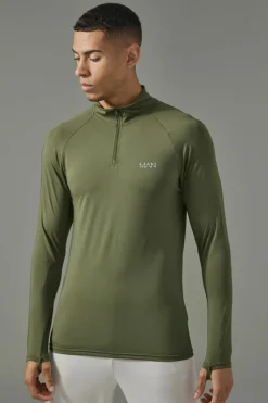 Best Sale boohooMAN Man Active Raglan Muscle Fit 1/4 Zip Top khaki