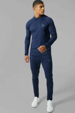 Outlet boohooMAN Man Active Skinny Crew Neck 1/4 Zip Tracksuit navy