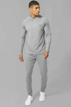 Best Sale boohooMAN Man Active Skinny Crew Neck 1/4 Zip Tracksuit grey