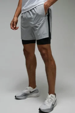 Discount boohooMAN Man Active Stretch 2 in 1 5inch Grid Short grey
