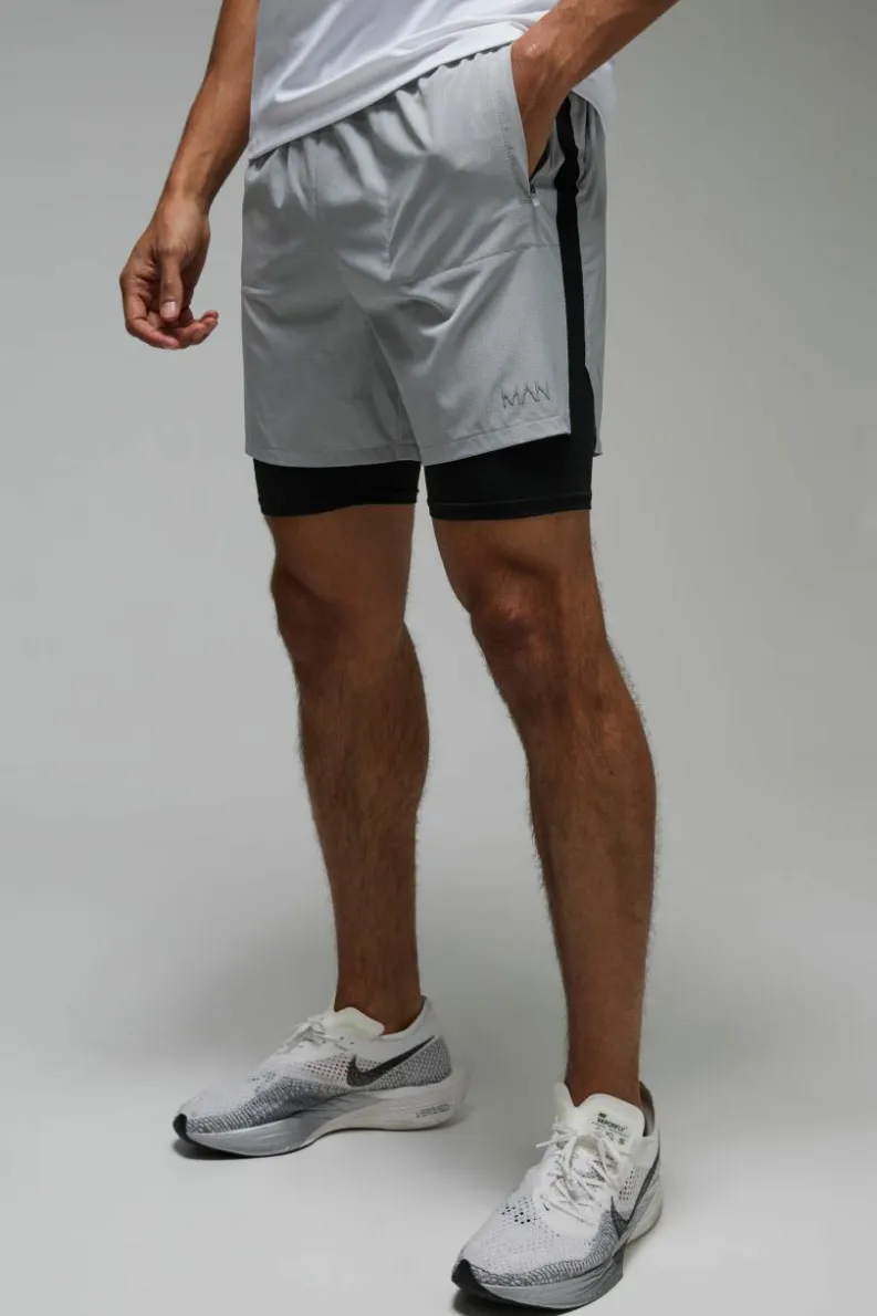 Discount boohooMAN Man Active Stretch 2 in 1 5inch Grid Short grey