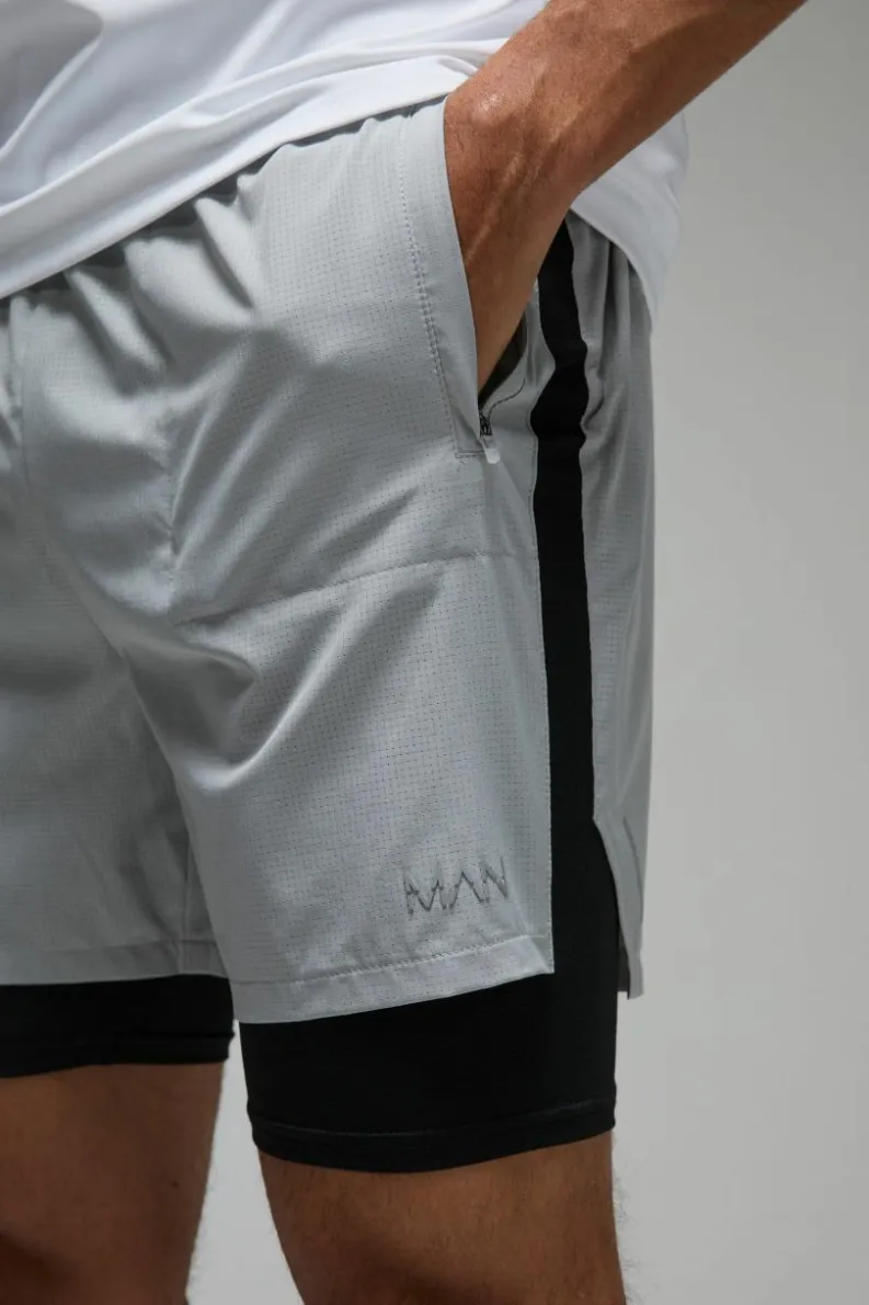 Discount boohooMAN Man Active Stretch 2 in 1 5inch Grid Short grey