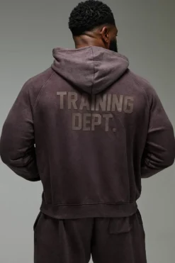 Shop boohooMAN Man Active Training Dept. Boxy Washed Hoodie chocolate