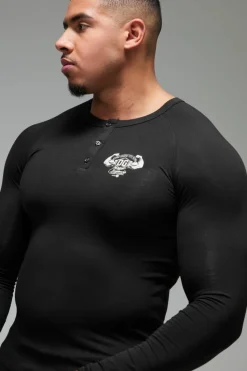 Clearance boohooMAN Man Active X OG Gym Muscle Fit Long Sleeve Henley black
