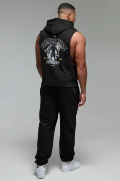 Shop boohooMAN Man Active X OG Gym Oversized Sleeveless Hoodie black