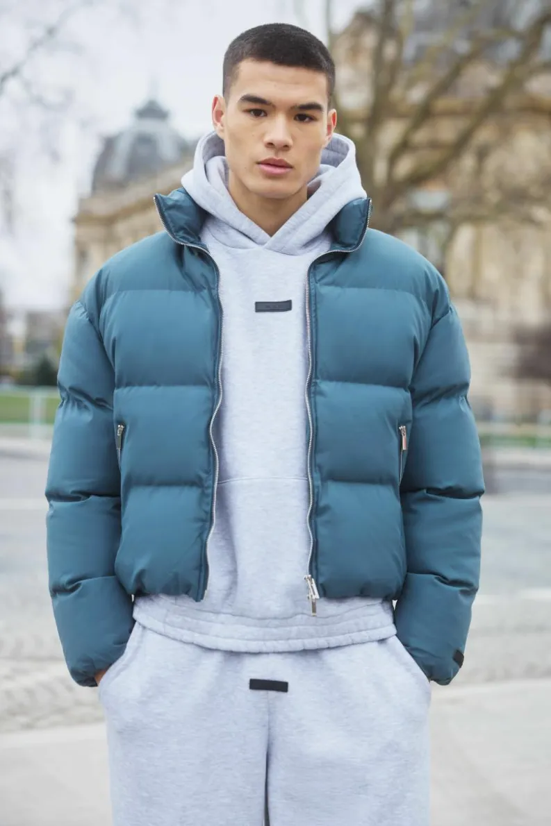 Online boohooMAN Man Boxy Fit Funnel Neck Puffer Coat In slate
