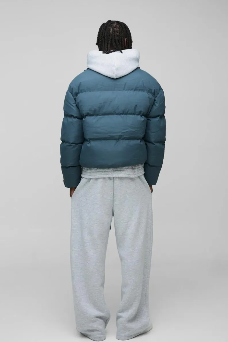Online boohooMAN Man Boxy Fit Funnel Neck Puffer Coat In slate