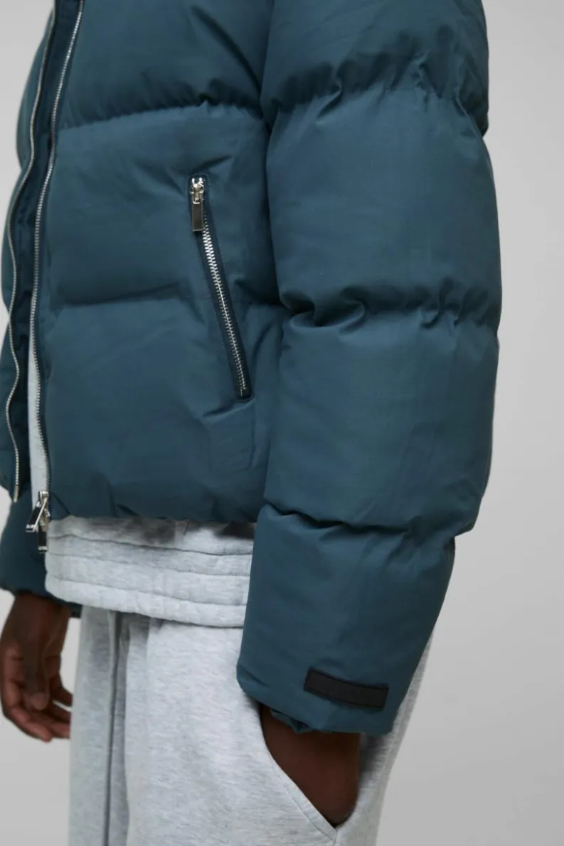 Online boohooMAN Man Boxy Fit Funnel Neck Puffer Coat In slate