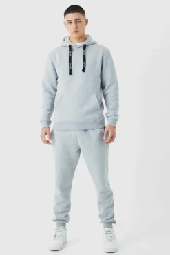 Fashion boohooMAN Man Branded Drawcord Detail Hooded Tracksuit grey marl