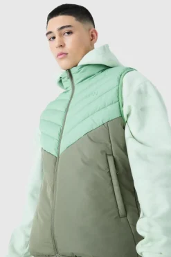Discount boohooMAN Man Colour Block Quilted Funnel Neck Gilet khaki