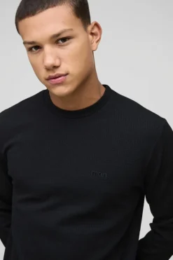 Fashion boohooMAN Man Embroidered Long Sleeve Waffle T-Shirt black
