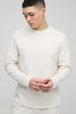 Cheap boohooMAN Man Embroidered Long Sleeve Waffle T-Shirt ecru