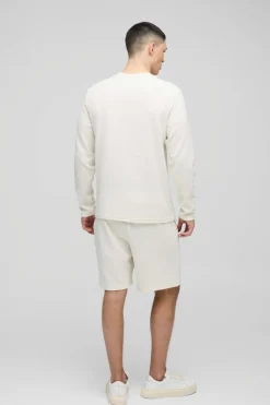 Cheap boohooMAN Man Embroidered Long Sleeve Waffle T-Shirt ecru