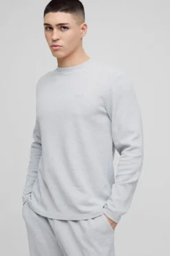New boohooMAN Man Embroidered Long Sleeve Waffle T-Shirt grey