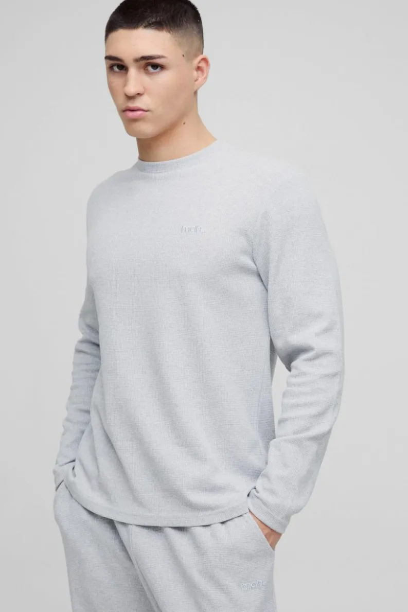 New boohooMAN Man Embroidered Long Sleeve Waffle T-Shirt grey