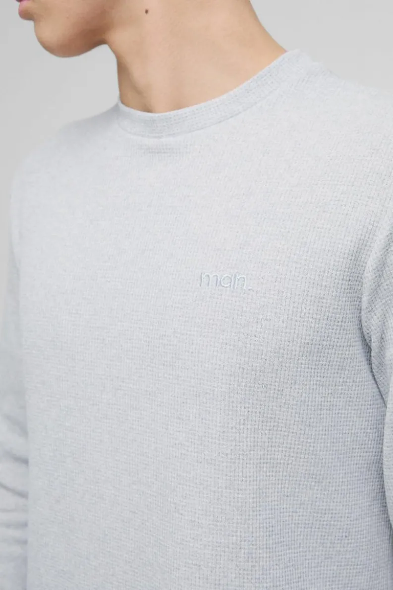 New boohooMAN Man Embroidered Long Sleeve Waffle T-Shirt grey