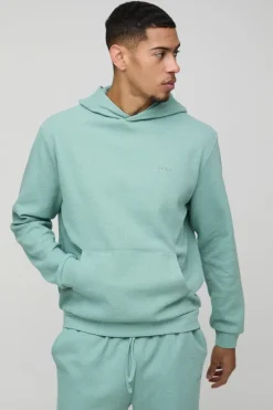 Shop boohooMAN Man Embroidered Waffle Hooded Tracksuit dusty green