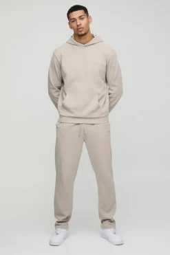 Discount boohooMAN Man Embroidered Waffle Hooded Tracksuit oatmeal