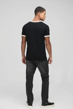 New boohooMAN Man Embroidered Waffle Ringer T-Shirt black