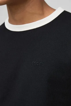 New boohooMAN Man Embroidered Waffle Ringer T-Shirt black
