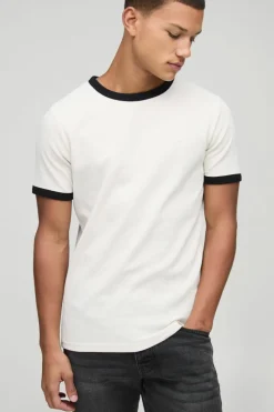 Discount boohooMAN Man Embroidered Waffle Ringer T-Shirt ecru