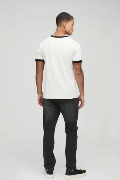 Discount boohooMAN Man Embroidered Waffle Ringer T-Shirt ecru
