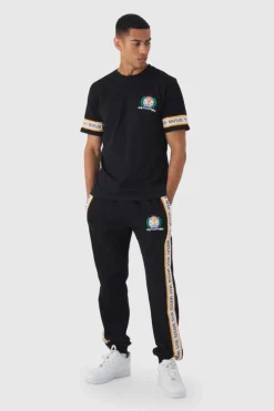 Shop boohooMAN Man Gold Embroidered T-shirt And Jogger Set black