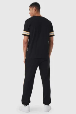 Shop boohooMAN Man Gold Embroidered T-shirt And Jogger Set black