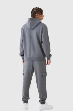 Fashion boohooMAN Man Hooded Cargo Tracksuit charcoal