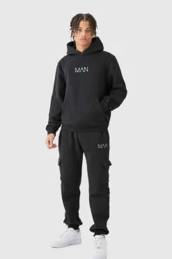 Sale boohooMAN Man Hooded Cargo Tracksuit black