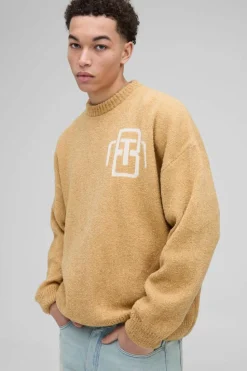 New boohooMAN Man Oversized Boucle Knitted Jumper stone