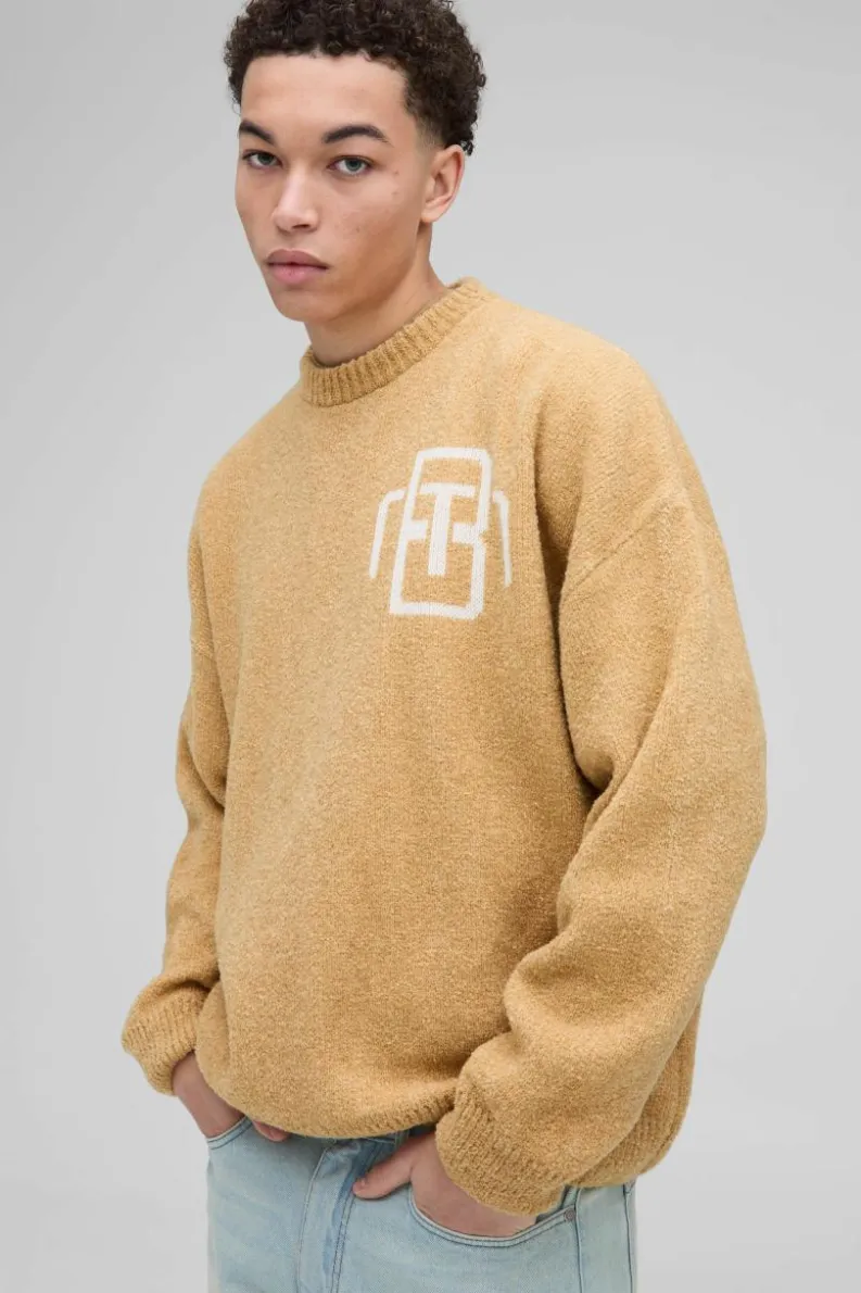 New boohooMAN Man Oversized Boucle Knitted Jumper stone