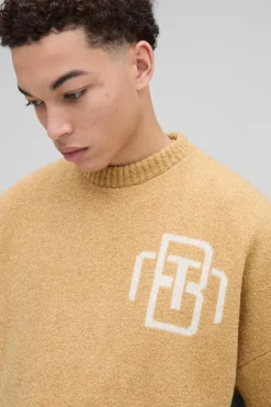 New boohooMAN Man Oversized Boucle Knitted Jumper stone