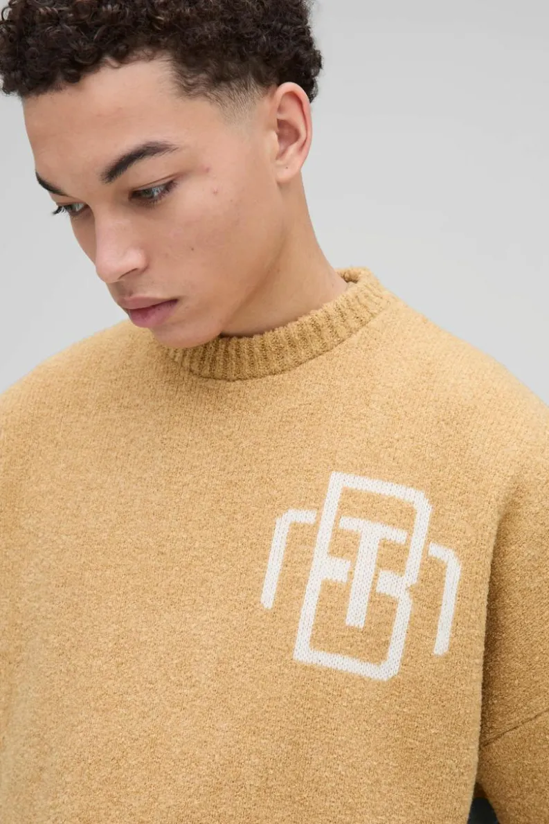 New boohooMAN Man Oversized Boucle Knitted Jumper stone