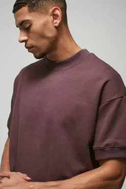 Discount boohooMAN Man Oversized Extended Neck Heavy Interlock Ribbed Cuff T-shirt plum