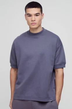 Outlet boohooMAN Man Oversized Extended Neck Heavy Interlock Ribbed Cuff T-shirt charcoal