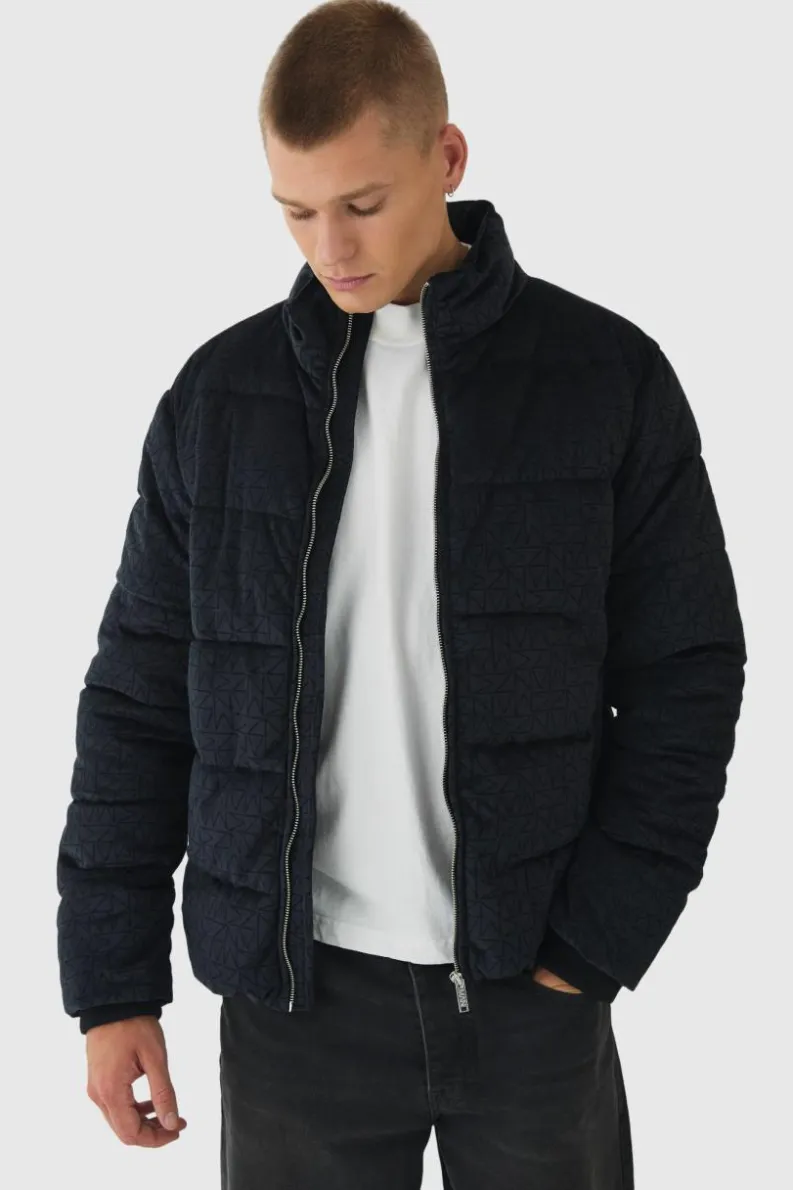 Cheap boohooMAN Man Printed Velour Funnel Neck Puffer In black