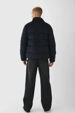 Cheap boohooMAN Man Printed Velour Funnel Neck Puffer In black