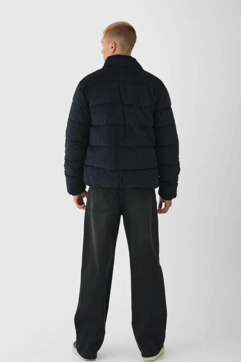 Cheap boohooMAN Man Printed Velour Funnel Neck Puffer In black