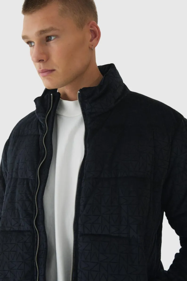 Cheap boohooMAN Man Printed Velour Funnel Neck Puffer In black