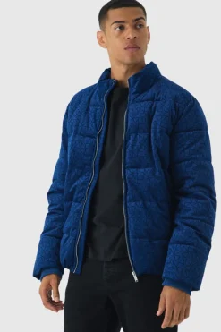 Clearance boohooMAN Man Printed Velour Funnel Neck Puffer In navy