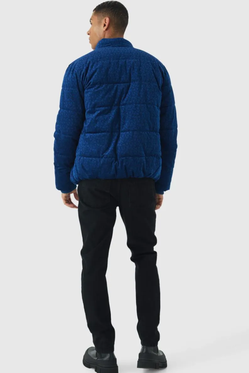 Clearance boohooMAN Man Printed Velour Funnel Neck Puffer In navy