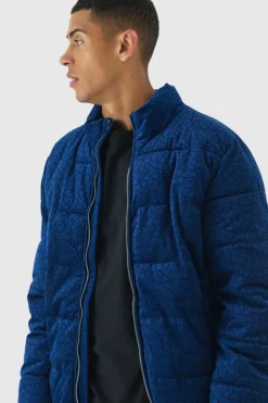 Clearance boohooMAN Man Printed Velour Funnel Neck Puffer In navy