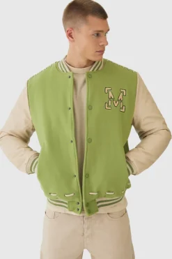 Fashion boohooMAN Man Pu Thread Detail Varsity Jacket In green