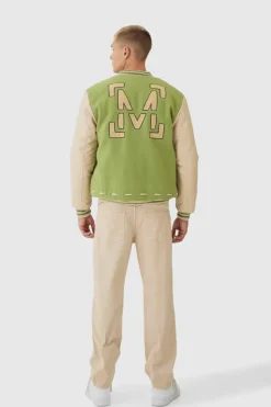 Fashion boohooMAN Man Pu Thread Detail Varsity Jacket In green